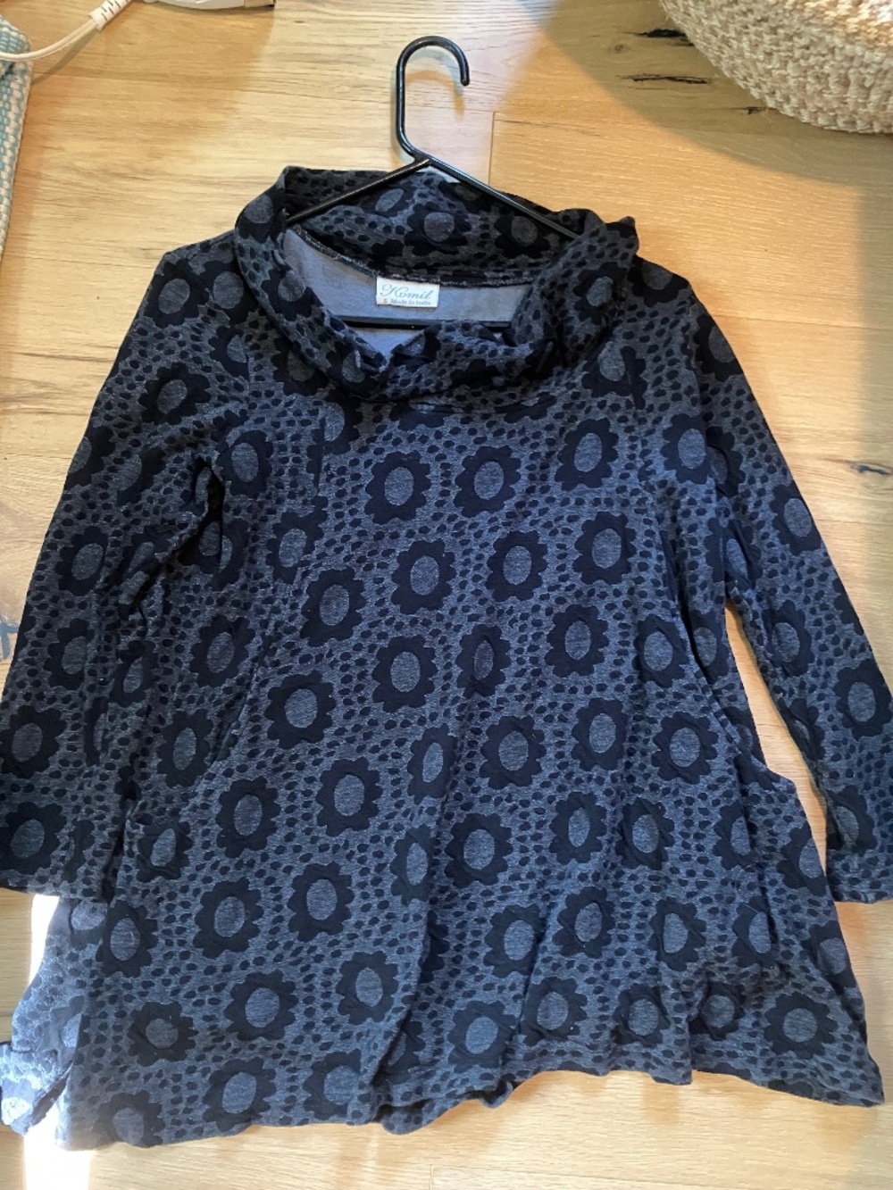 Komil Luna Spot Print Jersey Tunic Cowl Neck Top Dress Gray Black Size S